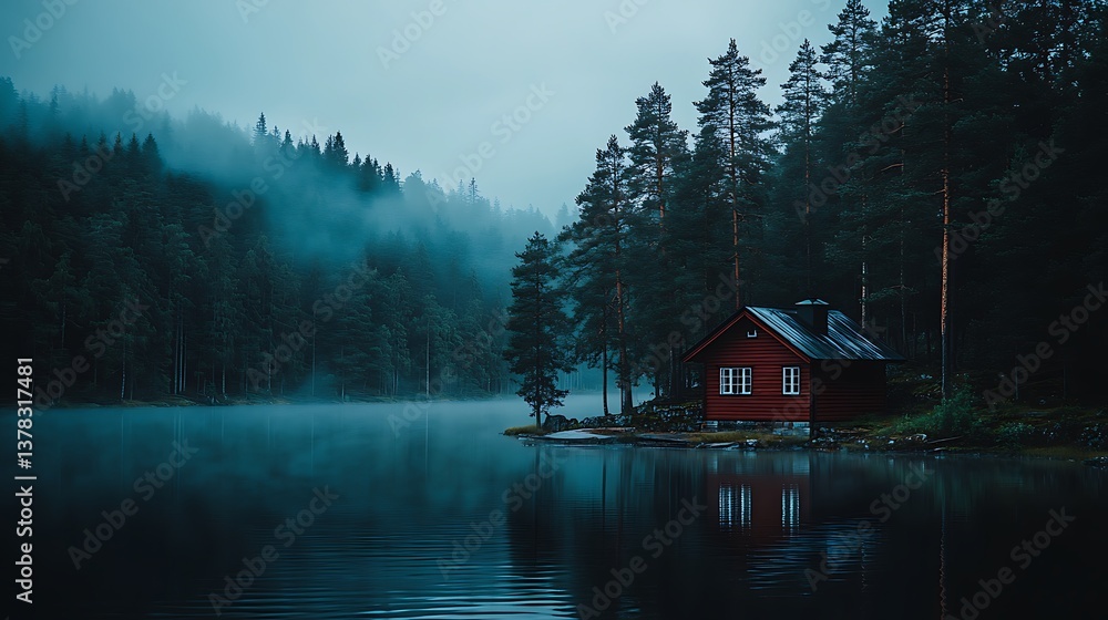 Fototapeta premium A small cabin nestled by a lake surrounded by a forest