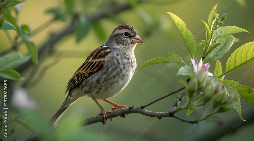 Sparrow Perched on Tree Branch with Budding Flowers in Spring Sparrow Perched on Tree Branch with Budding Flowers in Spring