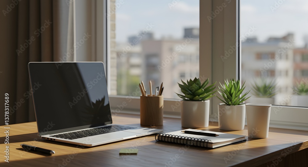 A home office with a laptop, notebook and plants on a wooden table. A home office with a laptop, notebook and plants on a wooden table.