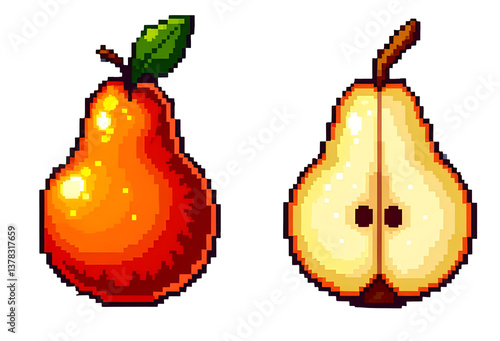 Pixel art depicting two pears, one orange and one white, showcasing vibrant colors and retro design. cut out,isolated, transparent background