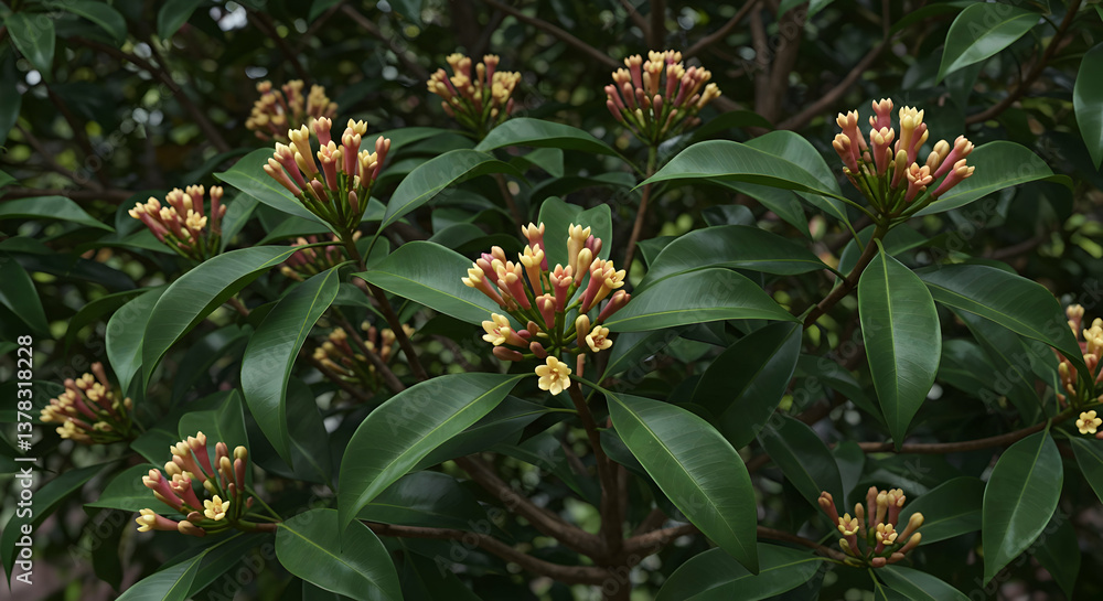 Obraz premium Close Up of Flowering Clove Tree with Buds and Green Leaves