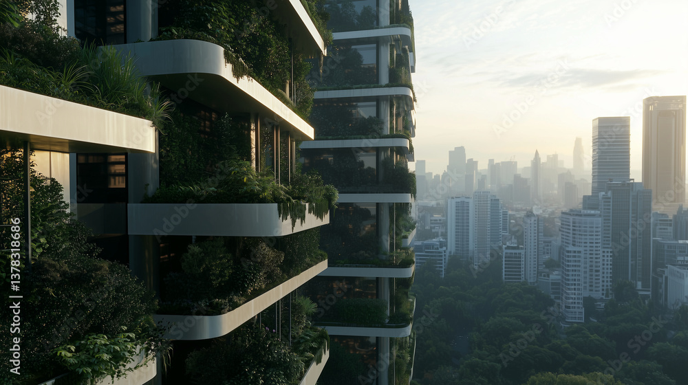 Futuristic cityscape with vertical gardens on skyscrapers Futuristic cityscape with vertical gardens on skyscrapers