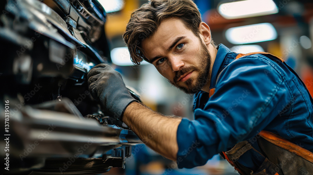 Mechanic Inspecting Car Undercarriage in Auto Repair Workshop for Maintenance and Repair Mechanic Inspecting Car Undercarriage in Auto Repair Workshop for Maintenance and Repair