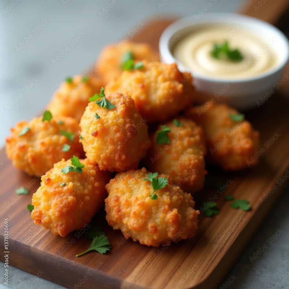 Golden, crispy cheese balls garnished with fresh herbs, served with a creamy dipping sauce. Golden, crispy cheese balls garnished with fresh herbs, served with a creamy dipping sauce.