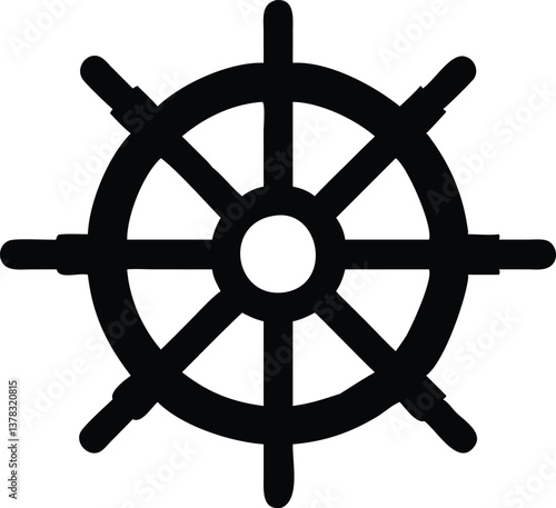 Nautical Steering Wheel in Black Silhouette With Spoke Handles on Transparent