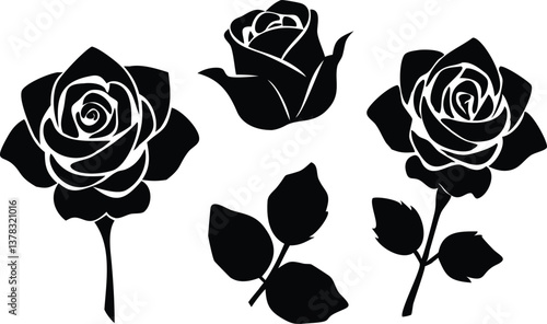 Rose Floral Set with Stem and Leaf, Black Silhouette on Transparent Background