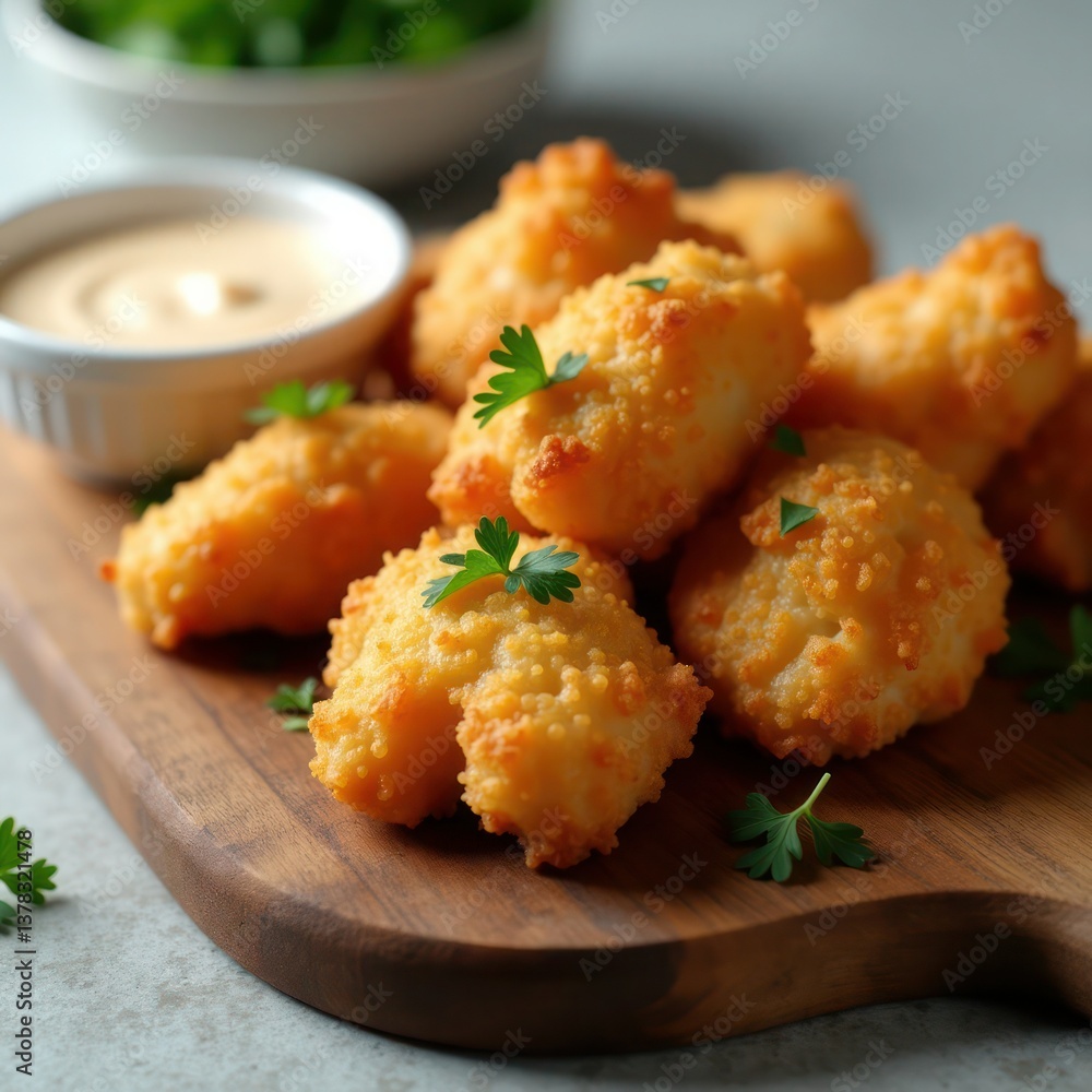 Golden-brown fried snacks served with a dipping sauce, garnished with fresh herbs. Golden-brown fried snacks served with a dipping sauce, garnished with fresh herbs.