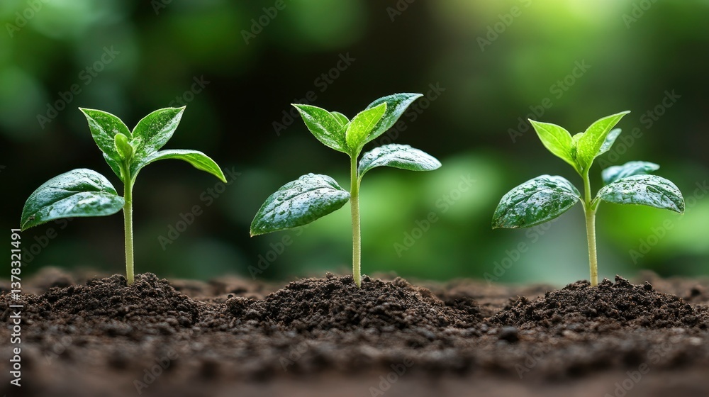 Fototapeta premium Three Young Seedlings Growing in Rich Soil - Symbol of Growth, New Beginnings, and Sustainability
