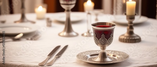 Focused kiddush cup on lace with blurred shabbat table in background