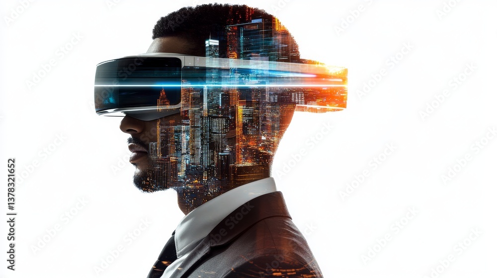 At dusk, a reflective individual contemplates the influence of technology and innovation in the modern digital era while gazing out at the city's skyscrapers At dusk, a reflective individual contemplates the influence of technology and innovation in the modern digital era while gazing out at the city's skyscrapers