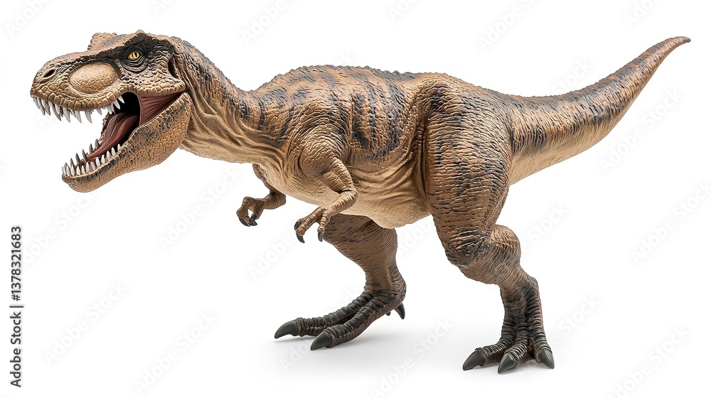 A fearsome Tyrannosaurus Rex, a prehistoric predator captured in a powerful pose, showcasing intricate details and realistic texture against a stark white background. A fearsome Tyrannosaurus Rex, a prehistoric predator captured in a powerful pose, showcasing intricate details and realistic texture against a stark white background.