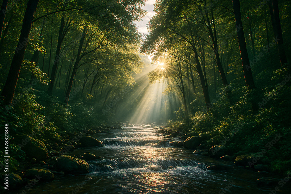 Fototapeta premium Enchanting Morning Light over Forest Stream