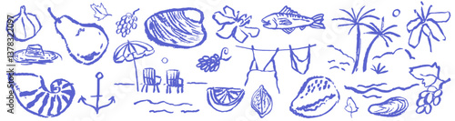 Italian style vacation hand drawn vector illustrations in grunge rough doodle sketch style elements. Lemon, palm tree vacation blue chalk charcoal style drawings for poster, placard or emblem.