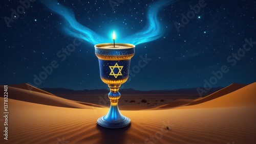 Jewish symbolism in surreal scene with bright cup and stars above dunes
