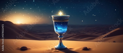 Radiant kiddush goblet suspended in night desert with magical aura