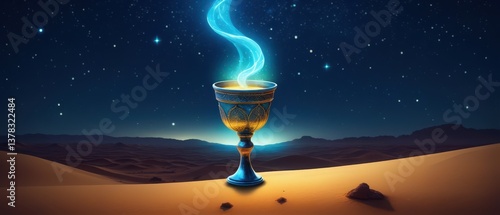 Fantasy concept art with glowing cup hovering in moonlit desert