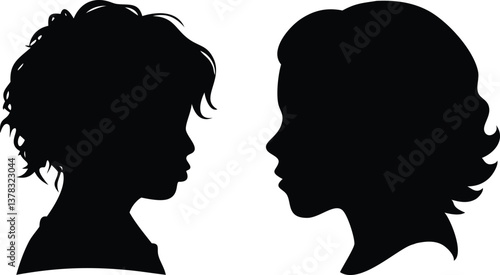 Silhouettes of Boy with Curly Hair and Woman on White Background facing each other