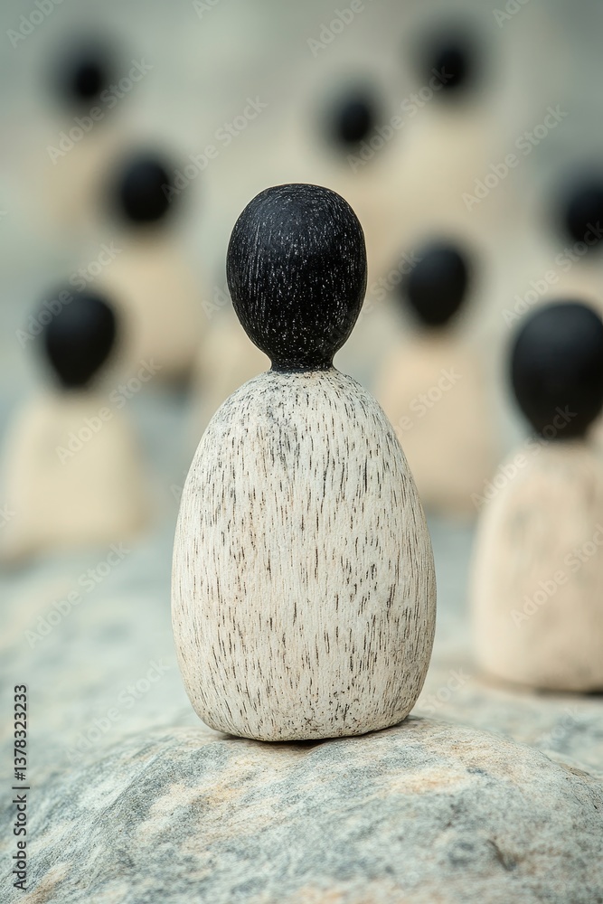 Minimalist wooden figure standing apart in a crowd, symbolizing identity and quiet individuality