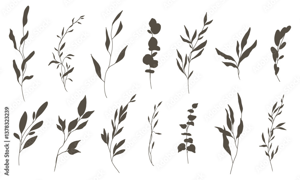 Fototapeta premium Set of silhouettes of branches and leaves. Hand drawn vector botanical elements