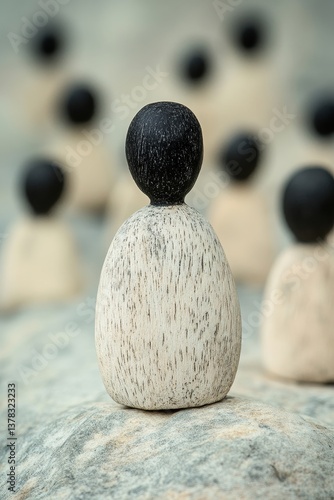 Obraz na płótnie Minimalist wooden figure standing apart in a crowd, symbolizing identity and quiet individuality w salonie