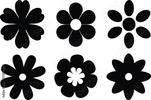 Six Black Flower Silhouettes, Floral Designs, Different Shaped Petals on White Background