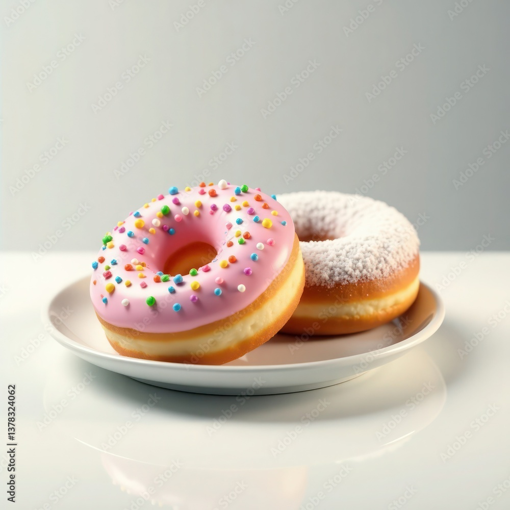 Two delicious donuts, one with pink frosting and sprinkles, the other coated in powdered sugar, on a white plate. Two delicious donuts, one with pink frosting and sprinkles, the other coated in powdered sugar, on a white plate.