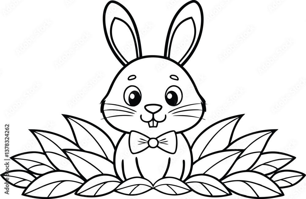 Cute Hare with Bowtie in Leaves Outlines on Transparent Background Cute Hare with Bowtie in Leaves Outlines on Transparent Background