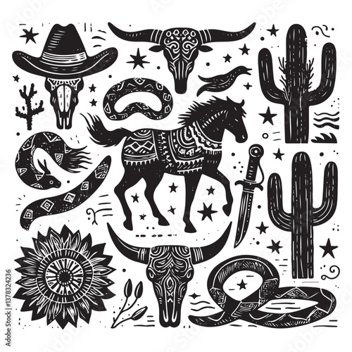 Linocut western boho set vector, Texas desert engraving print collection, vector canyon wildlife, cactus. Texture grunge Arizona rodeo graphics, bull, horse, snake, skull silhouette. 