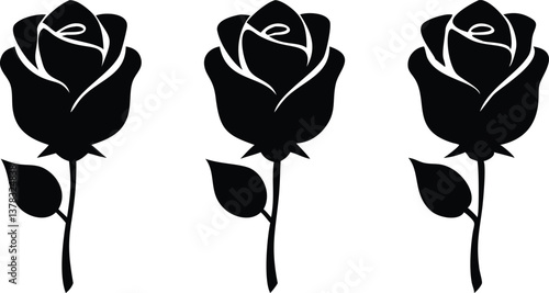 Three Black Rose Silhouettes with Stem and Leaf Isolated on Transparent Background