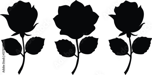 Three rose flower silhouettes with stems and leaves on transparent background