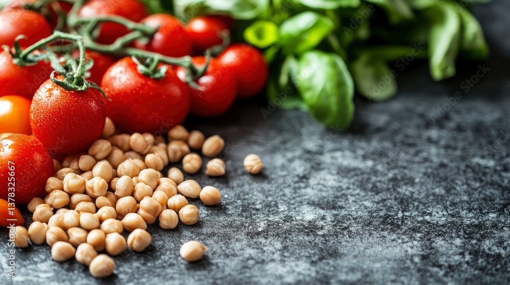 Fresh Tomatoes, Chickpeas, and Basil on Dark Background Fresh Tomatoes, Chickpeas, and Basil on Dark Background