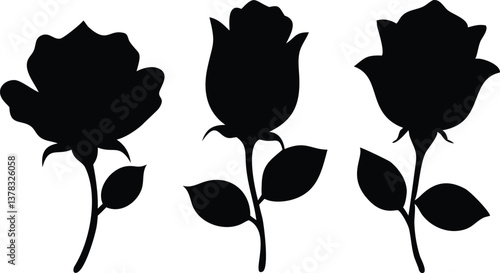 Three Rose Silhouettes with Stems and Leaves on a Transparent Background