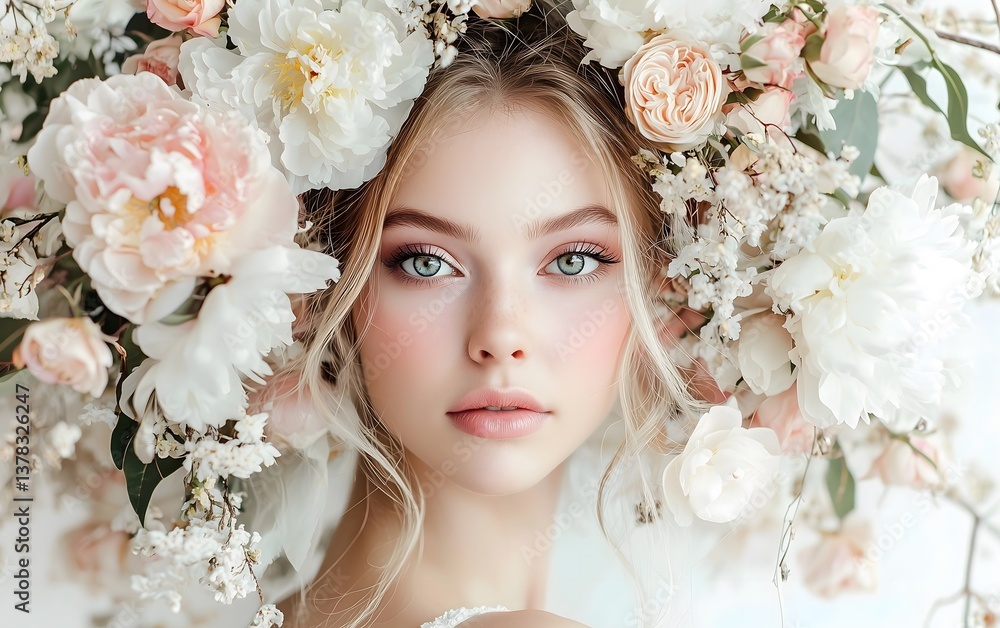 Naklejka premium Portrait of a beautiful woman adorned with flowers