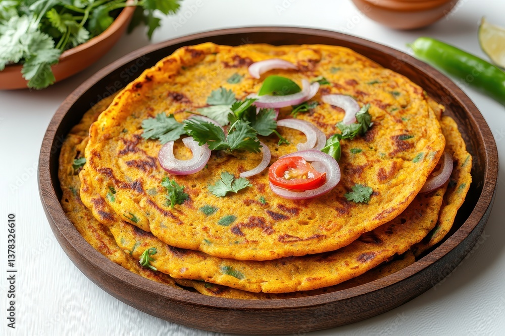 Stack of savory Indian vegetable pancakes, onion and cilantro garnish. Ideal for showcasing healthy vegetarian dishes or ethnic culinary. Stack of savory Indian vegetable pancakes, onion and cilantro garnish. Ideal for showcasing healthy vegetarian dishes or ethnic culinary.