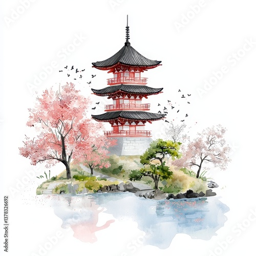 Japanese Pagoda and Cherry Blossoms Watercolor Painting