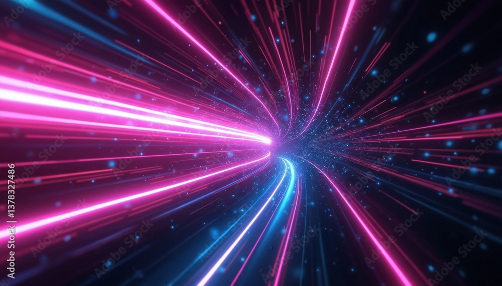 Abstract futuristic design for advertising or business presentation. Dynamic neon tunnel with glowing lines. Tech background. Digital innovation, data flow. Modern creative concept. Abstract futuristic design for advertising or business presentation. Dynamic neon tunnel with glowing lines. Tech background. Digital innovation, data flow. Modern creative concept.