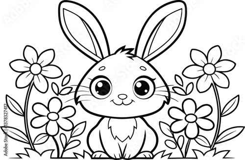 Cartoon Rabbit in Flowers Outline Style on Transparent Background, Bunny, Cute