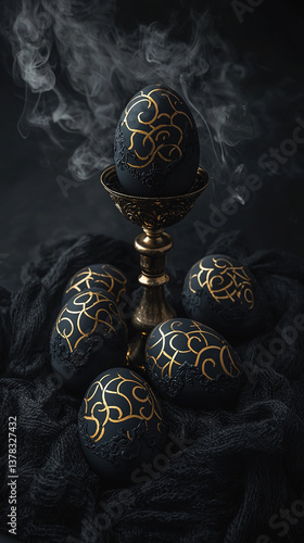 Orthodox Easter eggs with gold labyrinth motifs, brass censer and candles on wool rug, monastic charcoal-gray cultural scene

