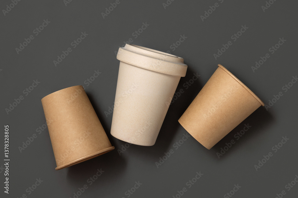 New beige kraft paper cups and reusable bamboo coffee cup on a gray top view, mockup New beige kraft paper cups and reusable bamboo coffee cup on a gray top view, mockup