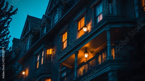 Exterior view of a haunted hotel with dim lights flickering in the windows at night