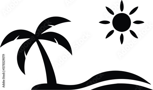 Black Silhouette of Palm Tree Sun and Beach Wave on Transparent