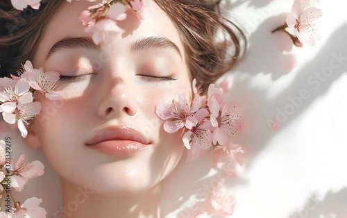 Woman with pink blossoms in water