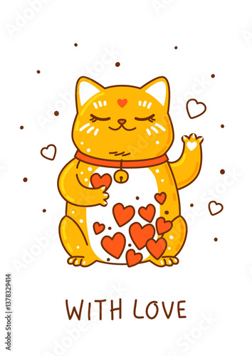 Cute сartoon maneki neko with hearts isolated on white background - funny asian character for Your kawaii design