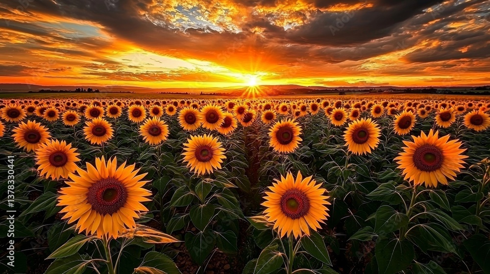 Obraz premium Breathtaking agricultural landscape featuring a sunflower field.