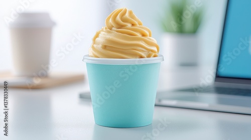 Light Yellow Frozen Dessert in Teal Cup on White Table