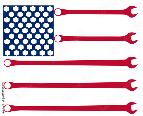 US Flag Redesigned with Wrenches, Hexagons, Featuring a Blue Square with White Stars, Horizontal Red Wrenches. Labor Day and Solidarity of Workers, Trade Unions