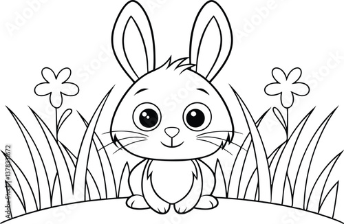 Cartoon Outlined Bunny Surrounded by Grass and Flowers for Coloring Book