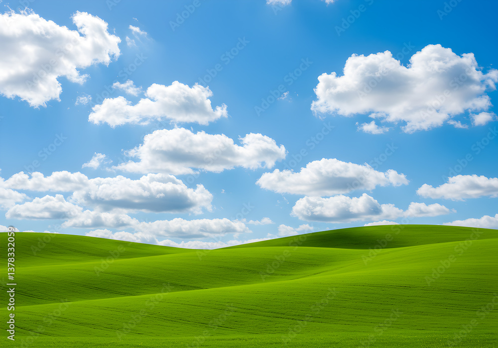 Fototapeta premium Serene Rolling Hills Under a Blue Sky with Puffy Clouds