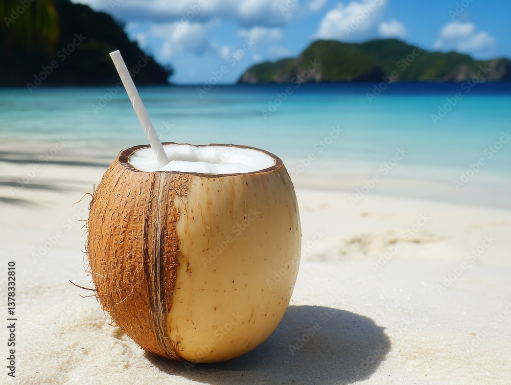Refreshing coconut drink on a tropical beach in sunny weather Refreshing coconut drink on a tropical beach in sunny weather