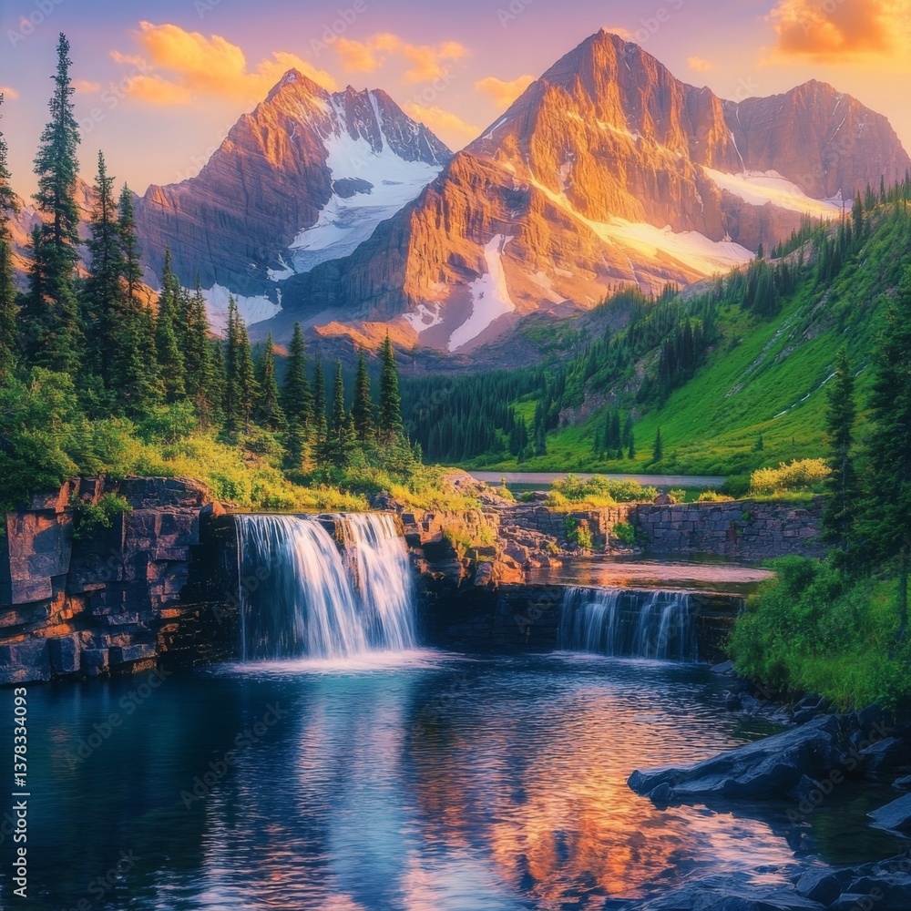 Fototapeta premium Majestic mountain range at sunset with waterfall and lush greenery